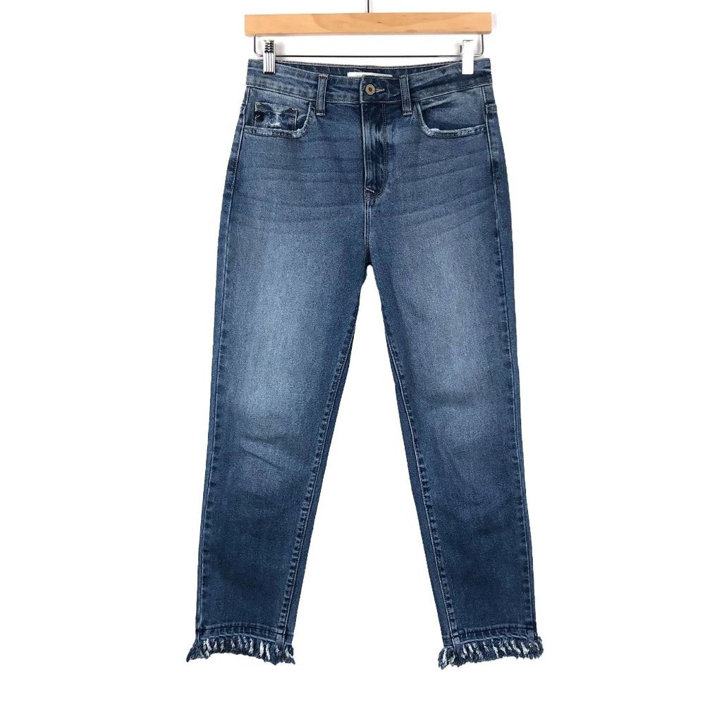 KanCan High Rise Skinny Jeans Medium Wash Stretch Raw Fringe Hem KC9148M 5 26
